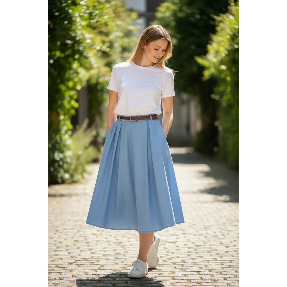 Tulip B Vintage Blue Pleated Midi Skirt Belt Pockets Lined Small NEW - Picture 5 of 11